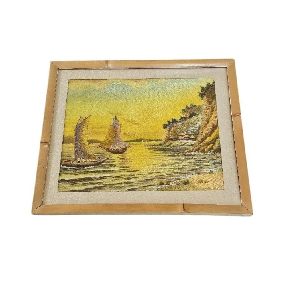 Vintage Japanese Silk Embroidery Art Sailboats Coastal Sunset Bamboo Frame 13x11